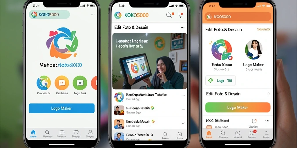 Screenshot antarmuka aplikasi KOKO5000 dengan berbagai pilihan desain logo.